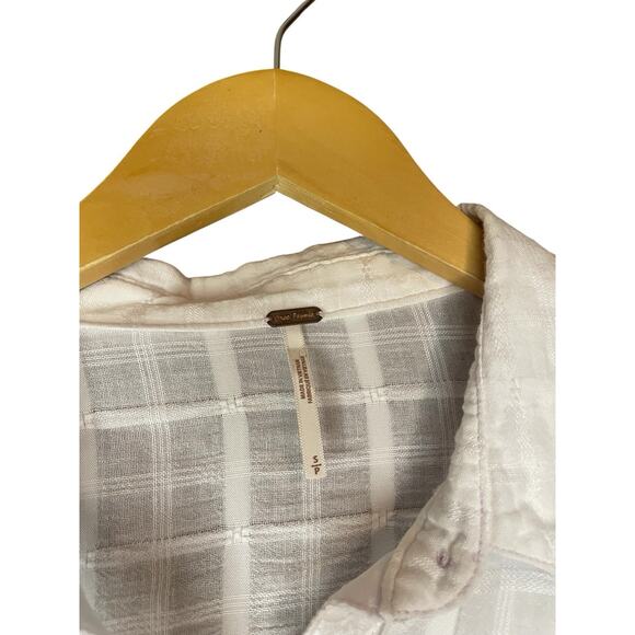 Free People Sheer Plaid Button Up Long Sleeve White Shirt Lagenlook Relaxed Fit - Picture 2 of 5